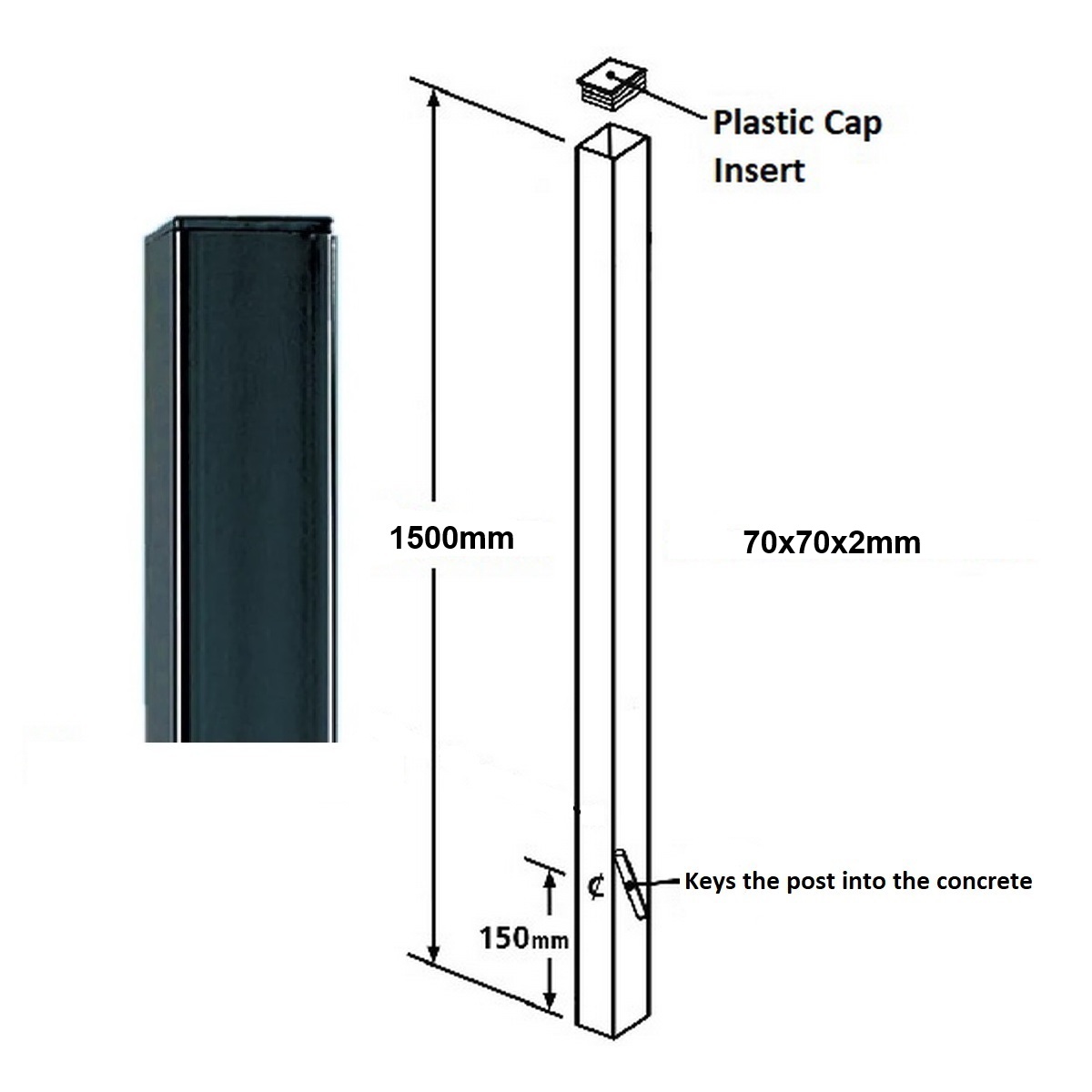 (BP70X1500ZP) Flat top, Blank, Concrete-In Metal Post 1 blank metal post 1500mm long x 70mm square