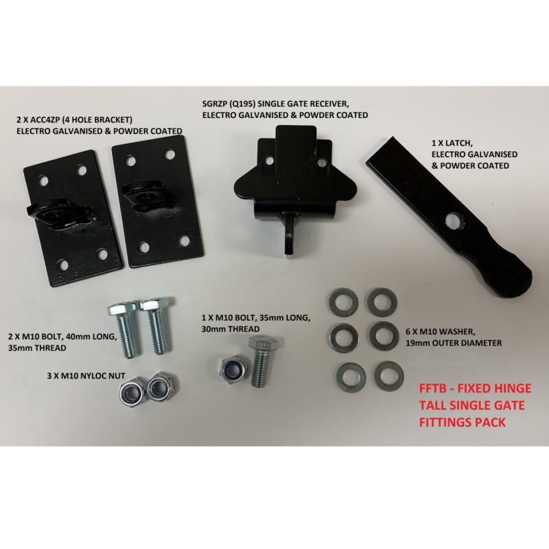 Metal gate fitting pack for fixed hinge single gates