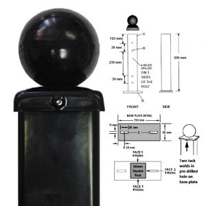 (URBB) 50mm Sq x 500mm H Metal Post Ball Top, Pre-Drilled, Bolt-Down