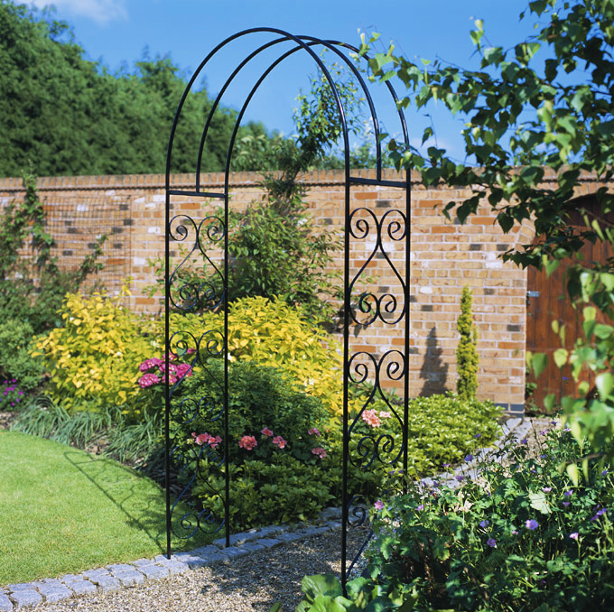 York Scroll Metal Rose Arch Arbour, Metal Garden Arch With Gates